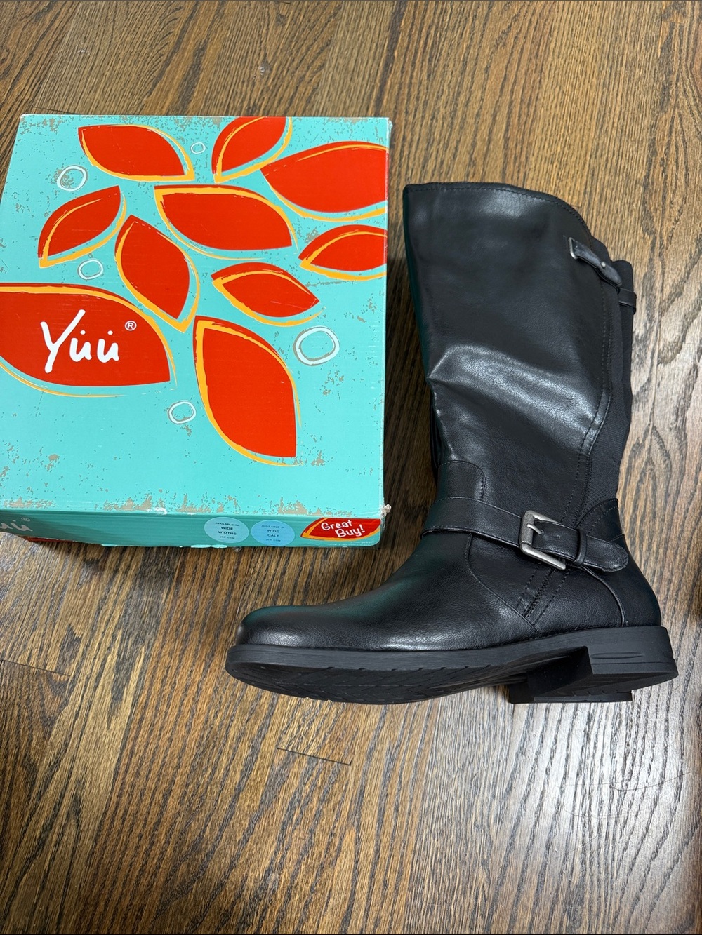 Yuu Black Mid-Calf Buckle faux Leather Boots